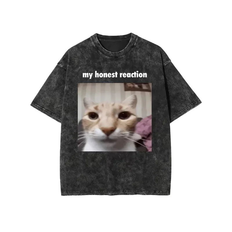 Vintage Washed Alien UFO Cat T-Shirt Funny Retro Sci-Fi Graphic Tee Casual Crew Neck Men’s Women’s Oversized Short Sleeve Top