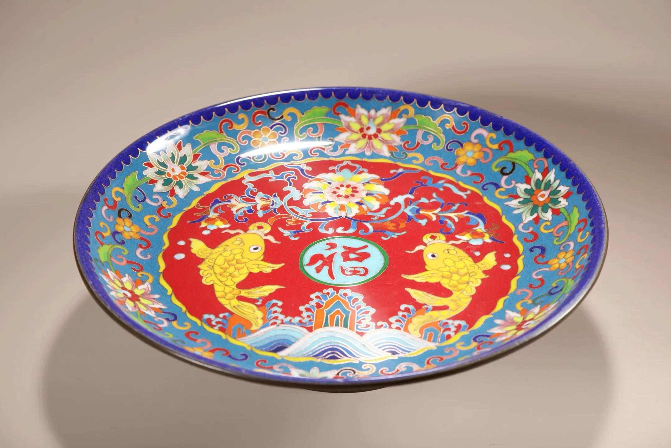 Old Bronze Cloisonne Enamel Flower texture Fish pattern Blessing Plate fruit plate Reward Plate Study screen Amass wealth