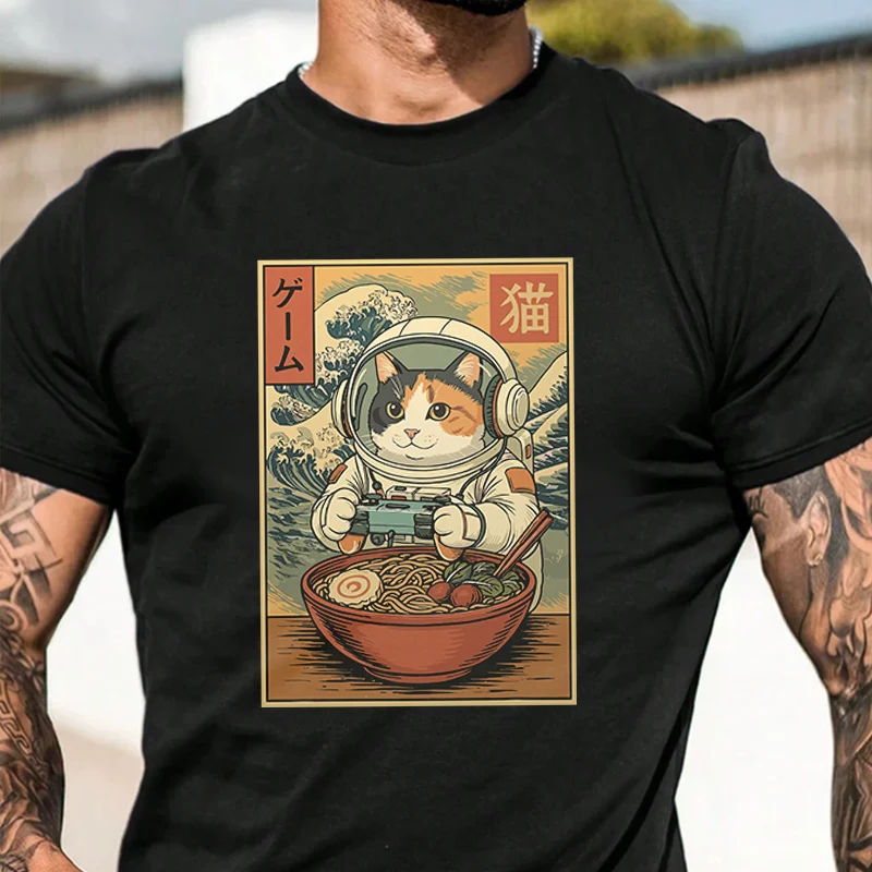 

Astronaut Cat Ramen Men's Graphic Print T-Shirt Casual Street Style Suitable For Travel And Sports Tee