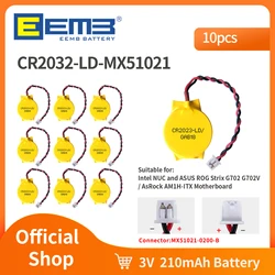 EEMB-Lot de 10 batteries CR2032, 3V, 2 broches, avec câble CR2016 CMOS, carte mère d'ordinateur portable, remplacement pour Alienware ASUS Dell