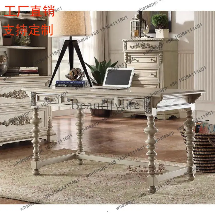 American rural solid wood retro desk neoclassical solid wood old carved computer desk