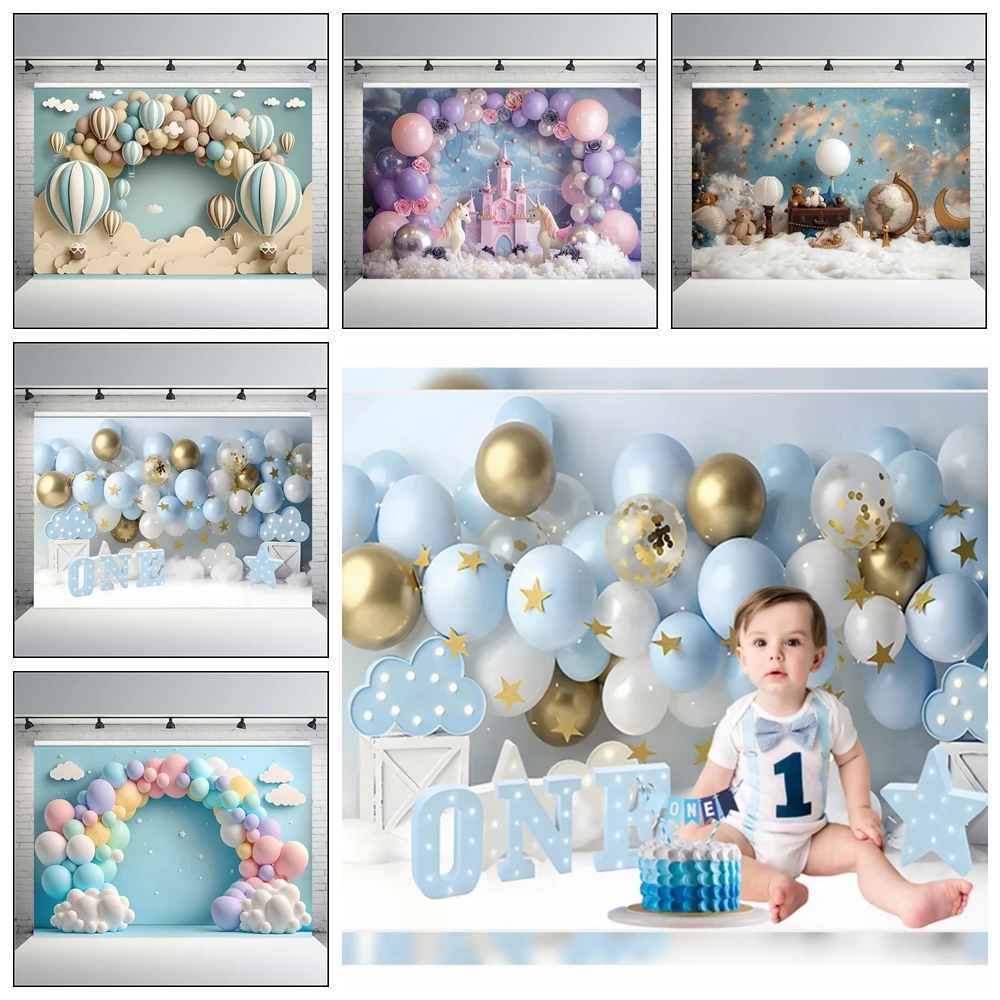 Girl Boy 1st Birthday Photography Backdrop Boho Tent Colorful Balloons Newborn Birthday Party Decor Baby Shower Photo Background