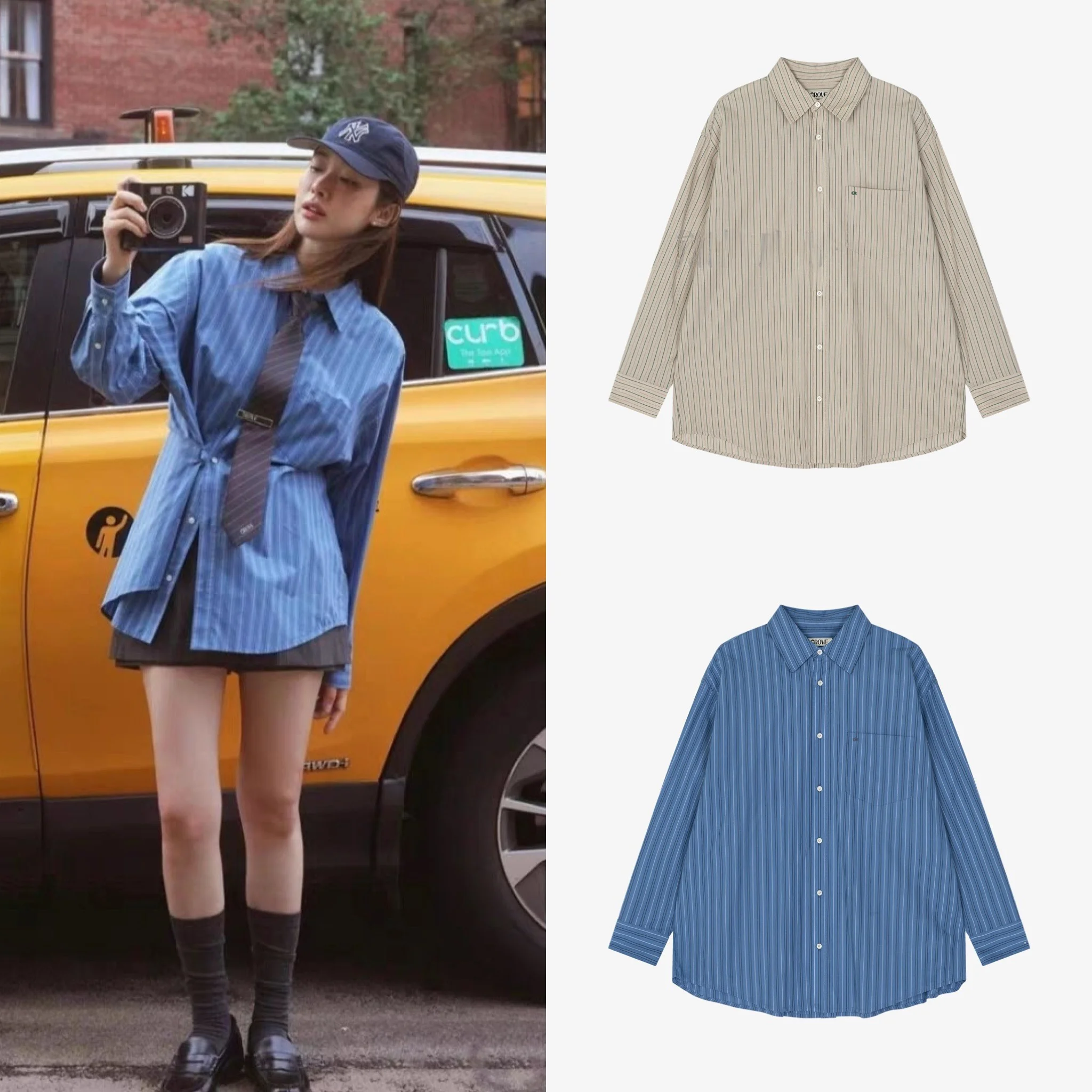 

Loose Fit Striped irt with Embroidery Waist Cinching Long Sve Casual Sle Women's Premium Faion Cotton 00%