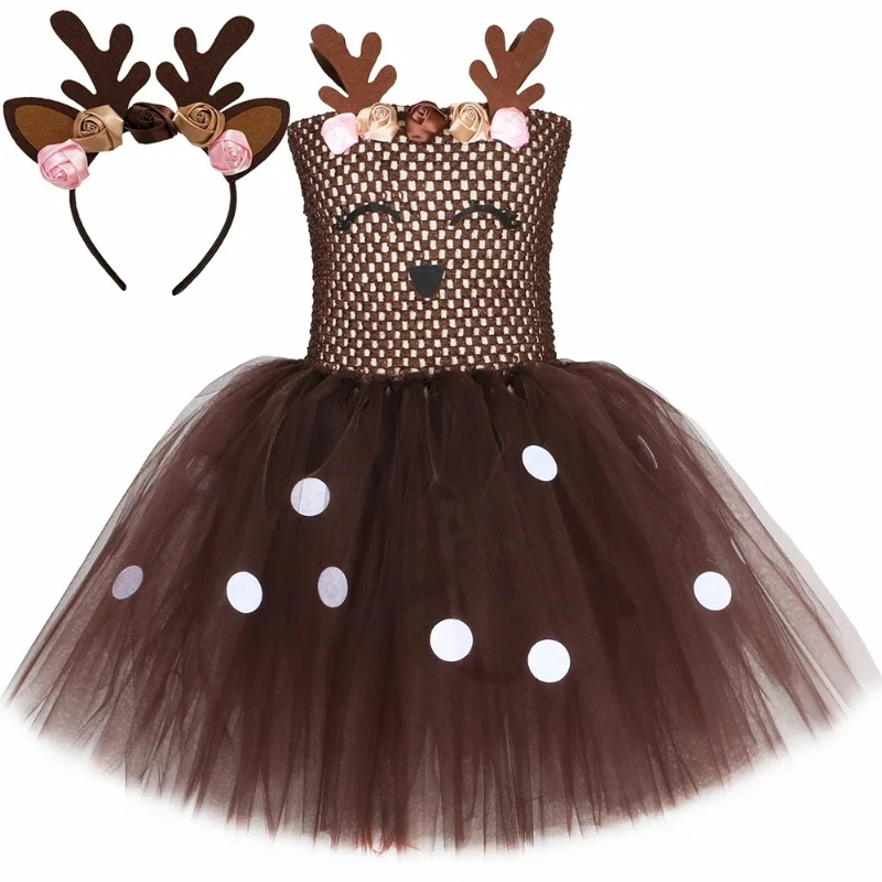 Brown Deer Tutu Dress for Girls Christmas Halloween Costume Flowers Antler Elk Reindeer Princess Dresses Kids Xmas Party Clothes