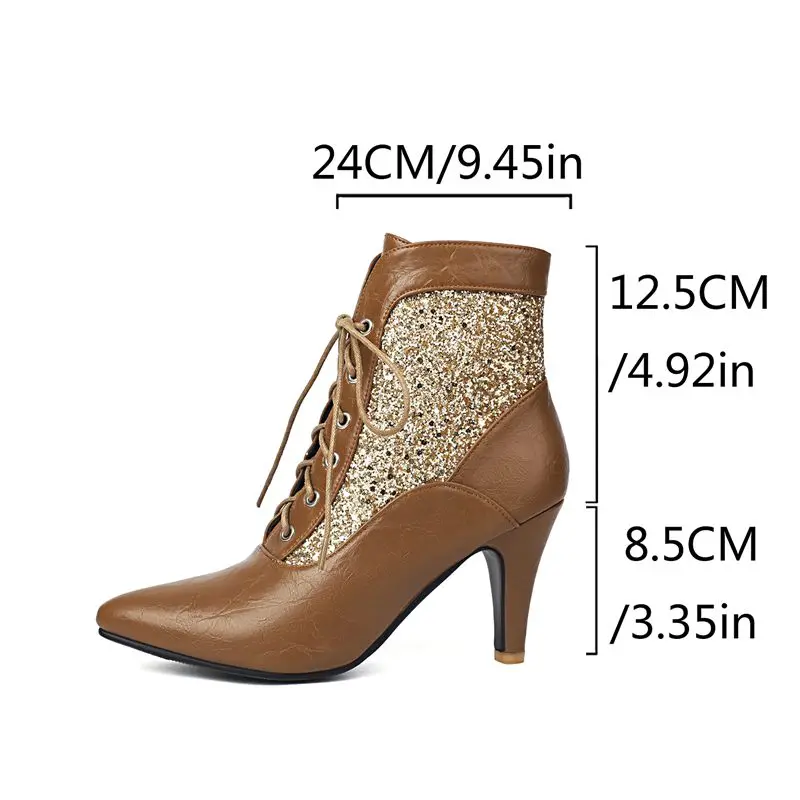 ORCHALISA Women Ankle Boots Pointed Toe Thin Heel 8.5cm Lace Mixed Color Large Size 45 46 47 Fashion Daily Bota