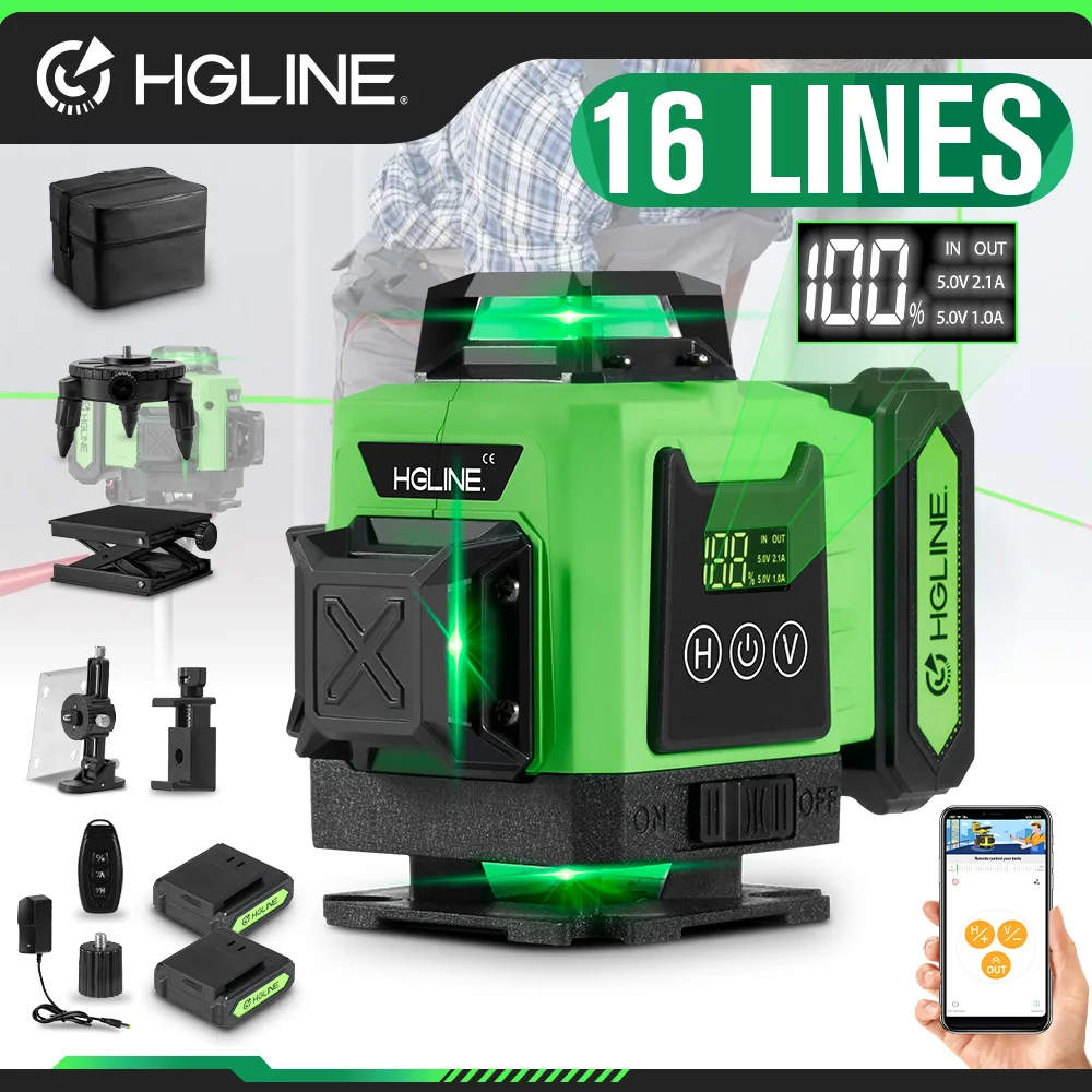 HGLINE Professional 4D 16 Lines Laser Level APP Remote Control 360° Horizontal Vertical Cross Laser Level With Power DIsplay