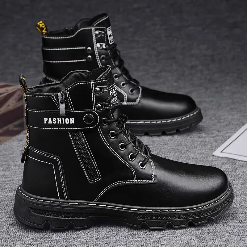 Men's Platform Boots 2025 Spring Non-slip Work Boots Mens Outdoor Casual Short Bots Trendy All-match Black Motorcycle Boots New