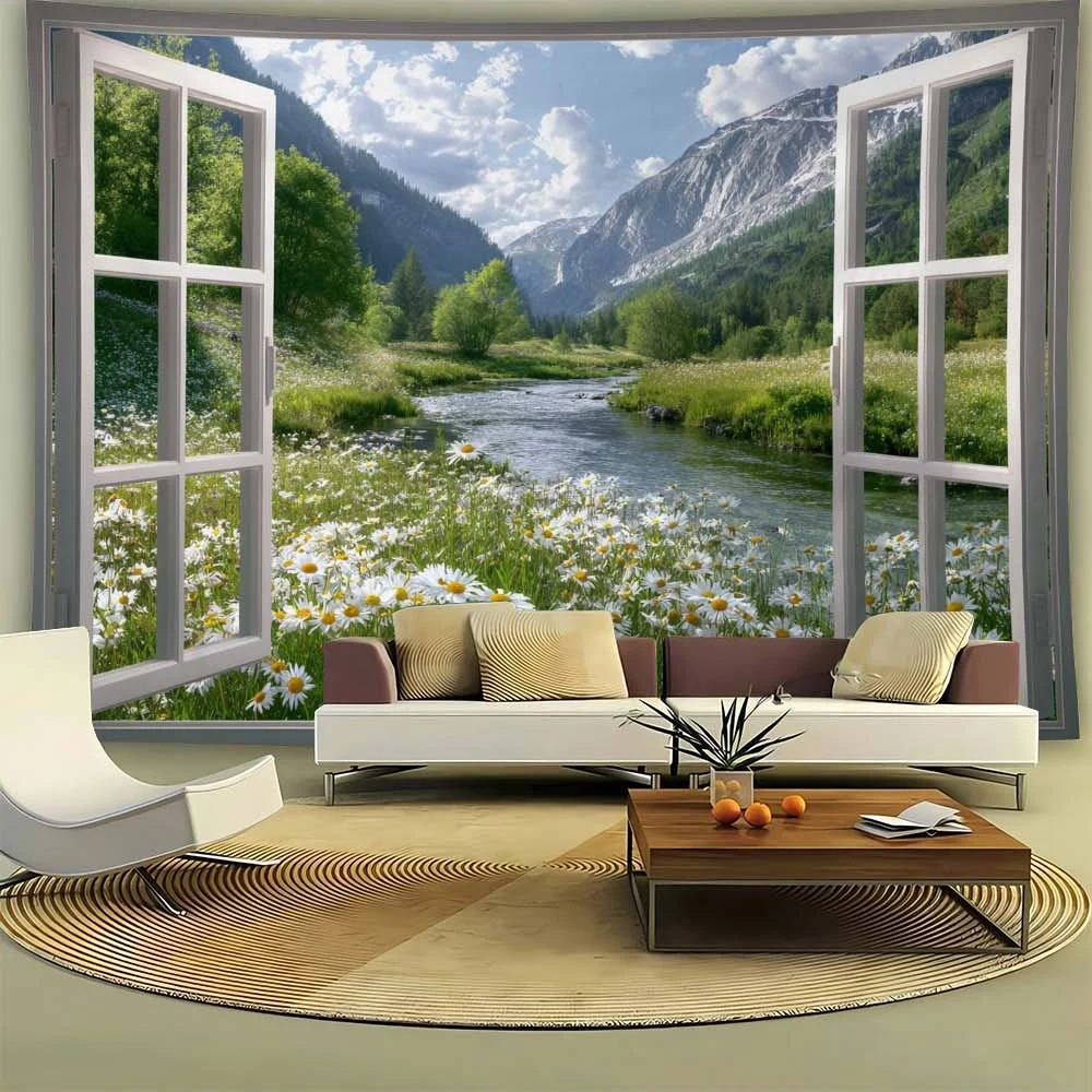 Scenic Window Tapestry, Simulated Window Daisy Meadow Creek Alpine Mountain Landscape Wall Hanging for Playroom Study Room