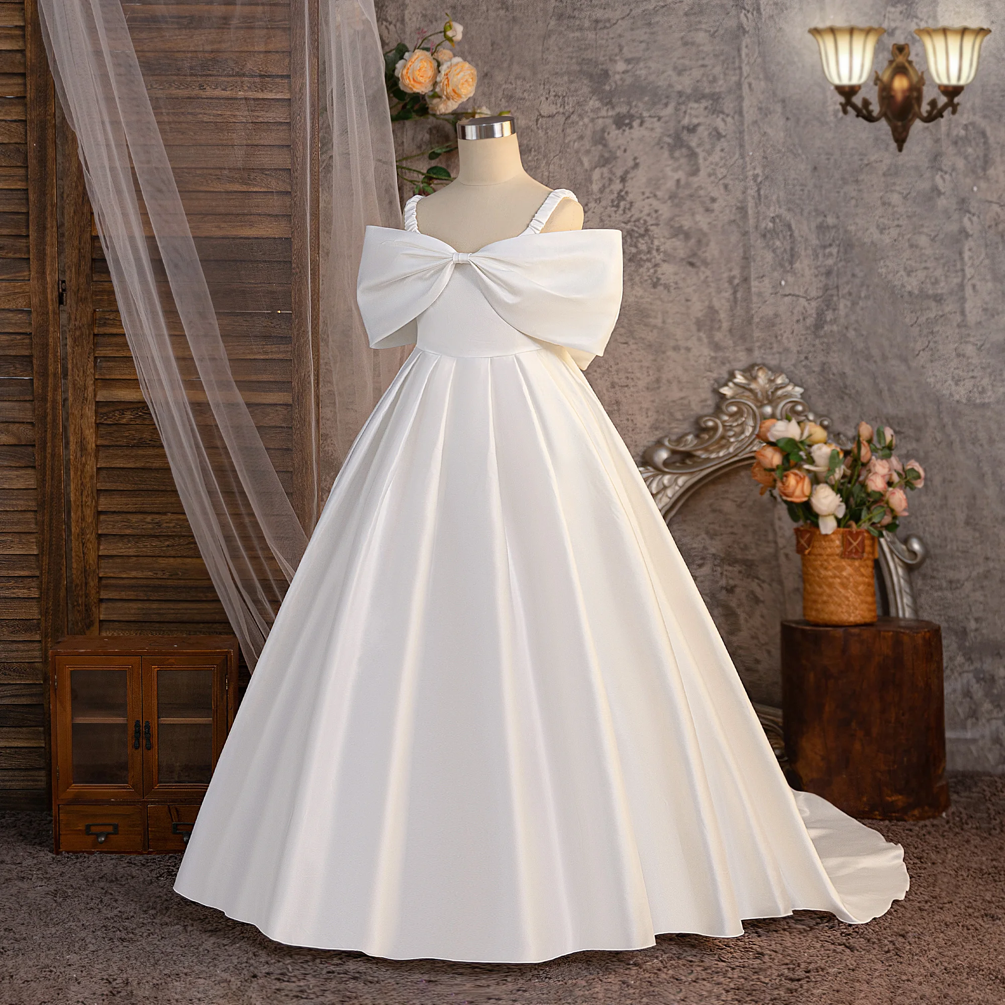 Satin-Hochzeitskleid für Mädchen, Elegantes Prinzessinnenkleid für Erstkommunion, Party, Brautjungfern, Abschlussball, Weihnachten, Neujahr, Abendkostüm – Detail 3