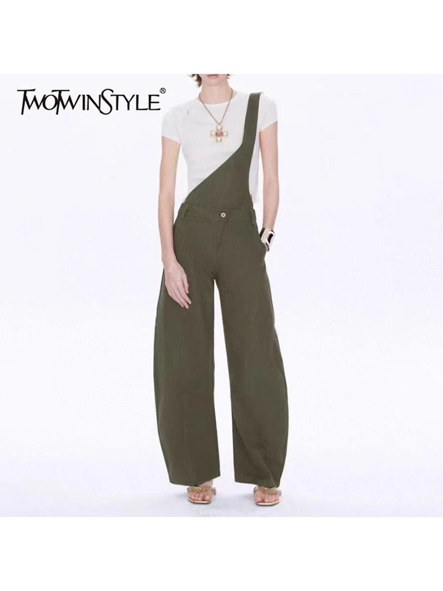 

TWOTWINSTYLE Solid Spliced Button Loose Pants For Women High Waist Temperament Single Shoulder Overalls Female Fashion Style New