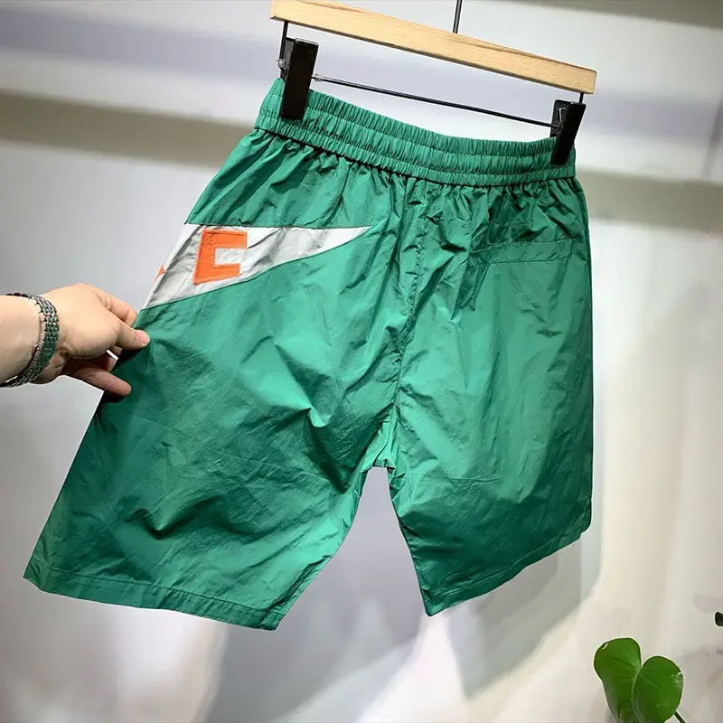Summer Men\'s Clothing Elastic High Waisted Letter Pockets Drawstring Contrast Color Printing Casual Loose Fashionable Shorts