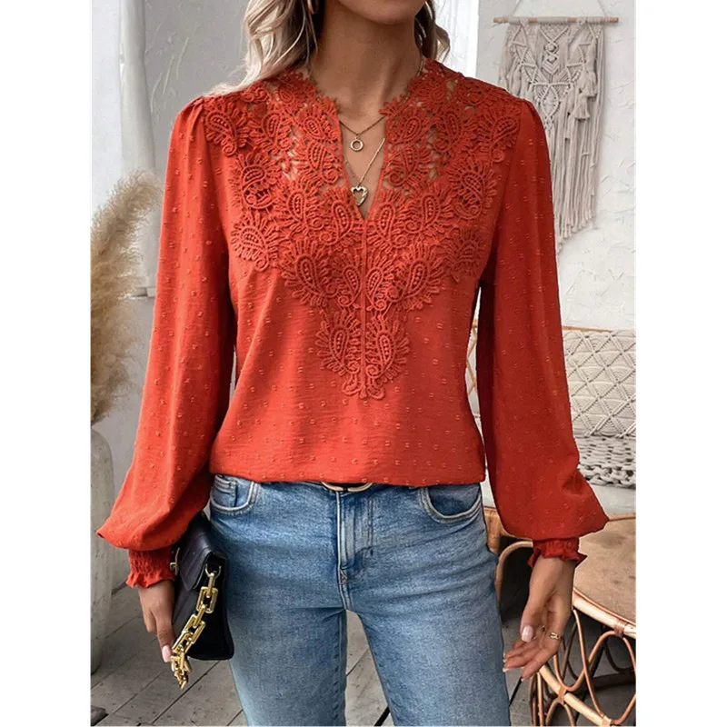 2024 Autumn V-neck Lace Splicing Solid Color Shirt Women Long Sleeve Casual Tops Fashion Office Lady Street Temperament Shirt