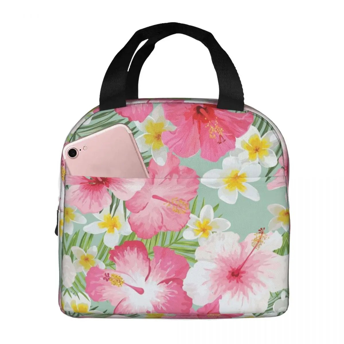 Tropical Hibiscus And Plumeria Flowers Lunch Bag Insulated Bento Box Portable Lunch Tote Leakproof Picnic Bag Cooler Thermal Bag