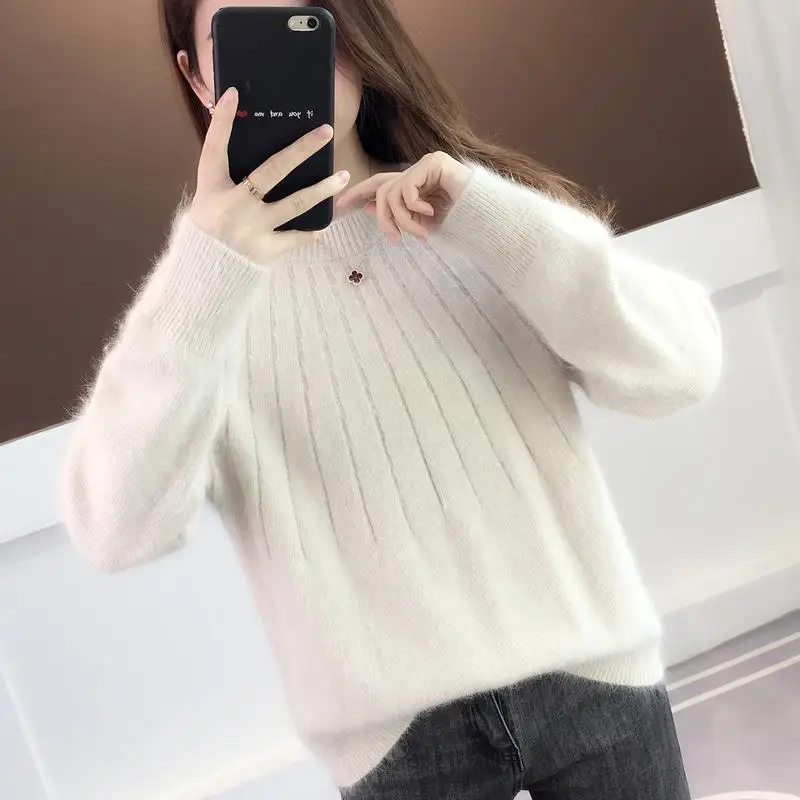 Women's Autumn and Winter Fashion New Crew Neck Sweater Thicken and Keep Warm Solid Color Loose and Versatile Long Sleeved Top