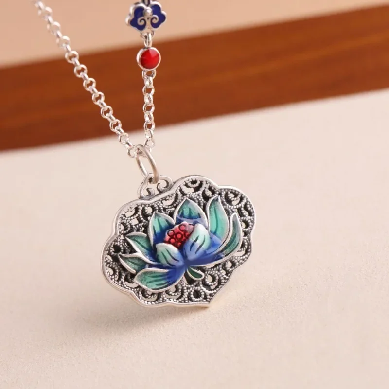 Vintage 925 Silver Enamel Ruyi Lock Blue Lotus Flower Heart Sutra Necklace for Women and Men Pendant Clavicle Chain Jewelry