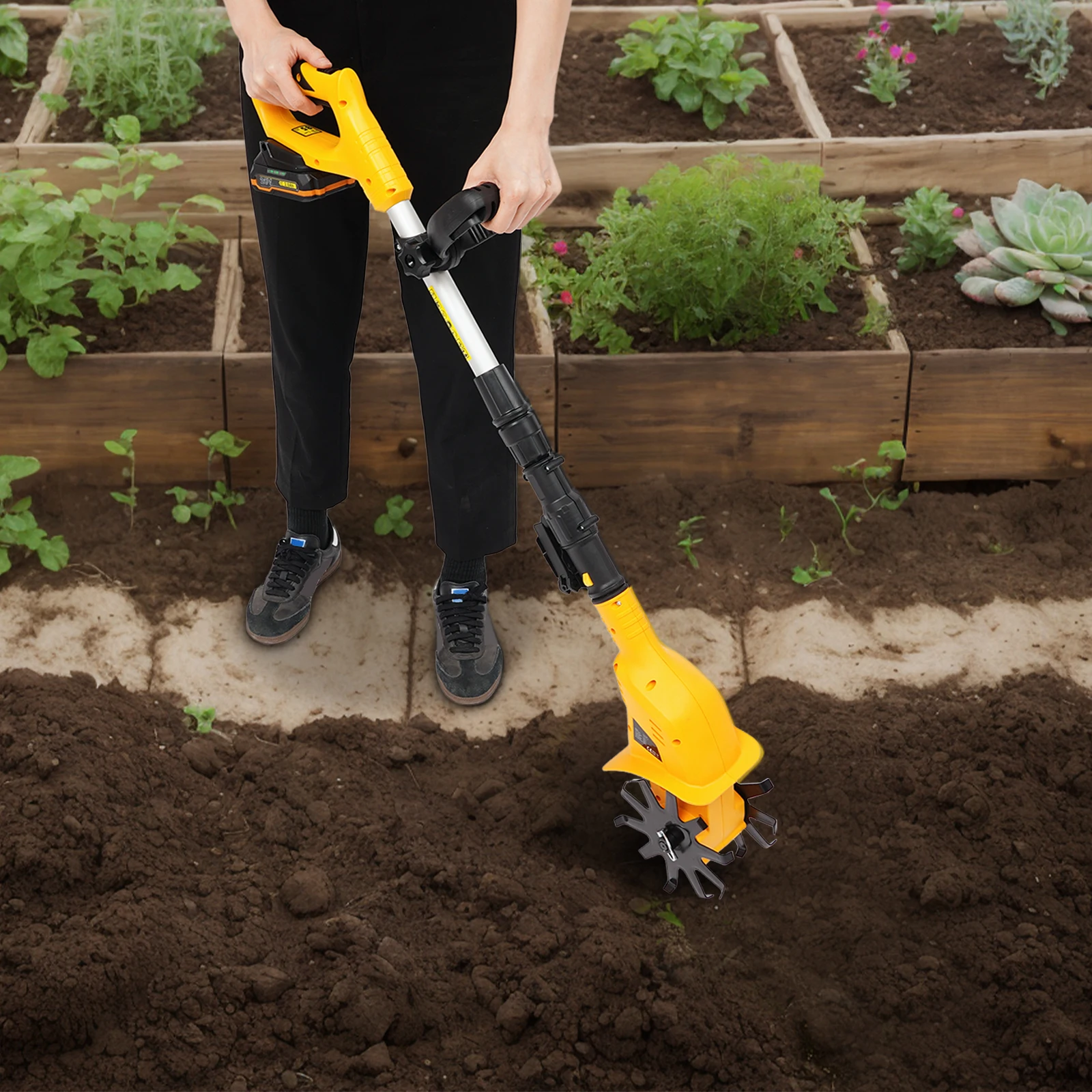 Cultivador eléctrico inalámbrico de 20V con batería de iones de litio, motor de cobre, cuchilla de acero al manganeso, longitud ajustable, cultivador de jardín portátil.