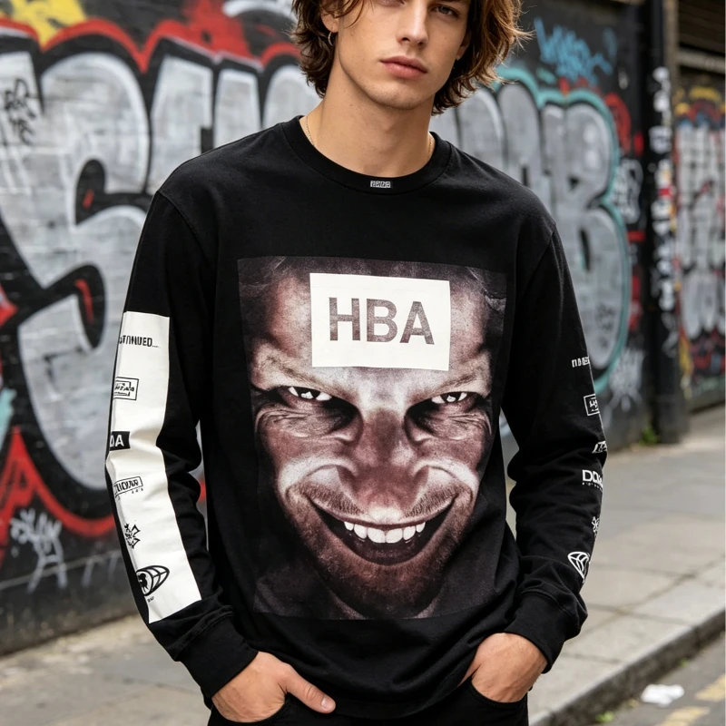 Unisex HBA Joker Face Long Sleeve T-shirt Hood By Air Contrast Splice Sleeve Logo Print Y2K Dark Street Casual Oversized Top
