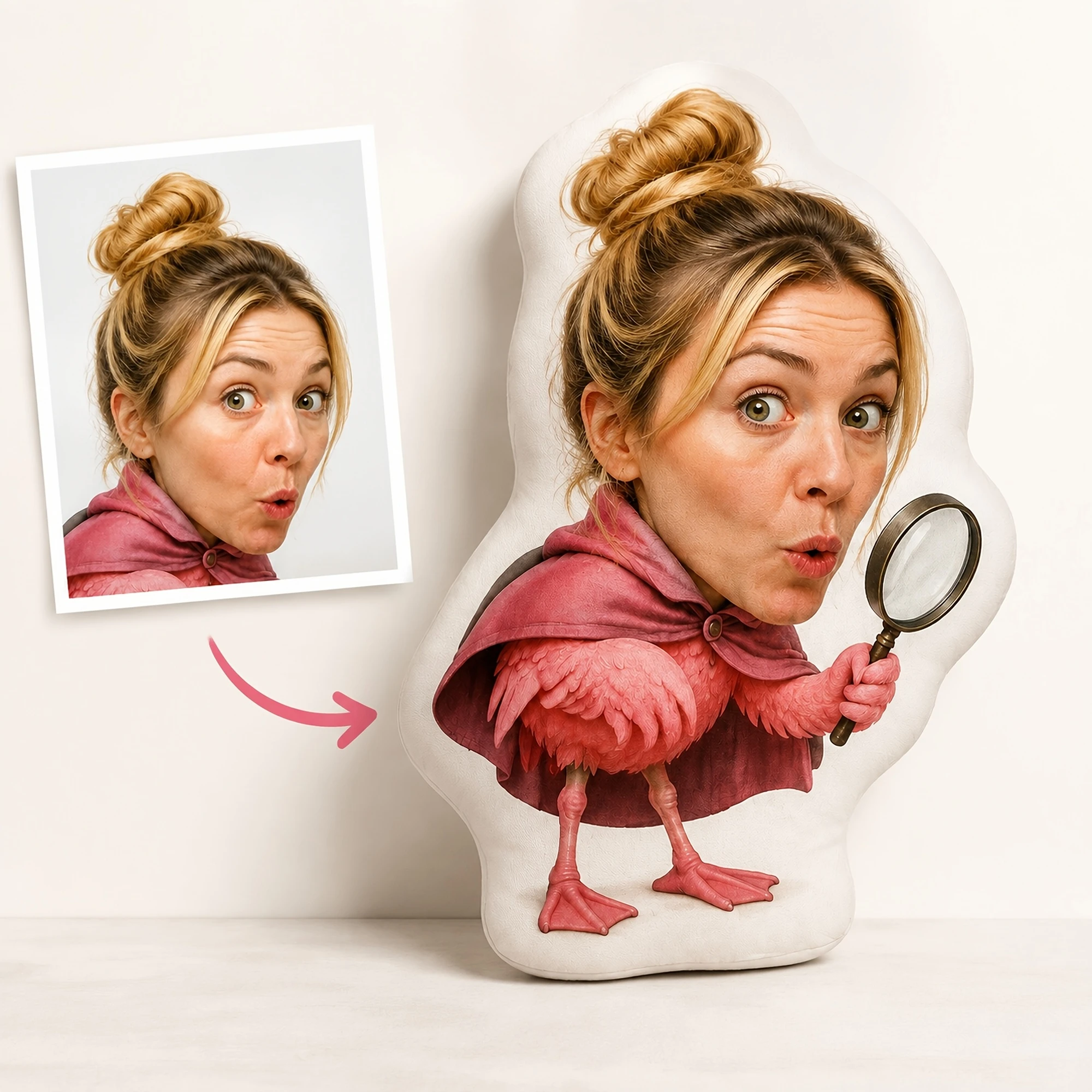 1pc [2D Flat] Custom Double Sided Printed Creative Novelty Shaped Throw Pillow Featuring Funny Woman Flamingo Detective Design f