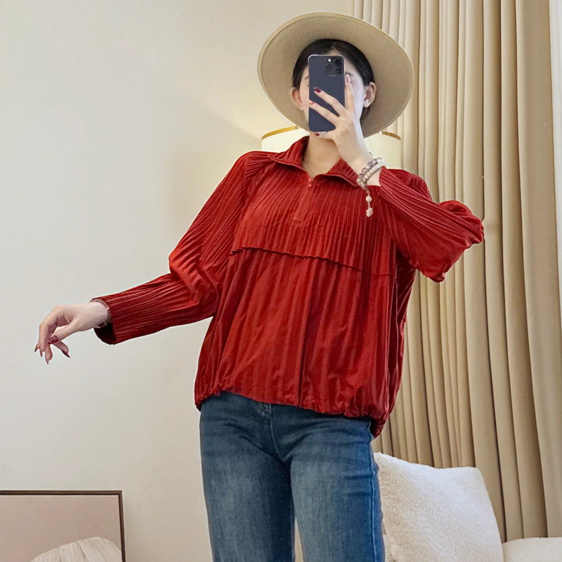 Miyake volants automne nouveau Style de sport haut de transport polyvalent veste pour femme veste courte à manches longues pull à fermeture éclair