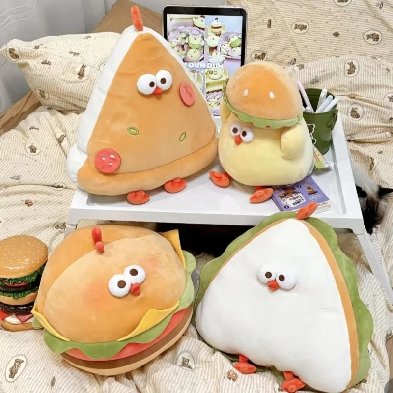 Kawaii hambúrguer frango brinquedo de pelúcia animais dos desenhos animados pizza frango boneca recheada sofá cama almofada bonito decoração do quarto criança presente natal