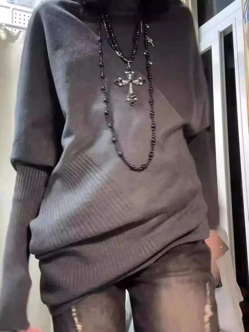 

Women Knitting Sweater 2025 Autumn Winter Women's Turtleneck Sweater Retro Loose Irregular Batwing Sleeve Outerwear Knit Top