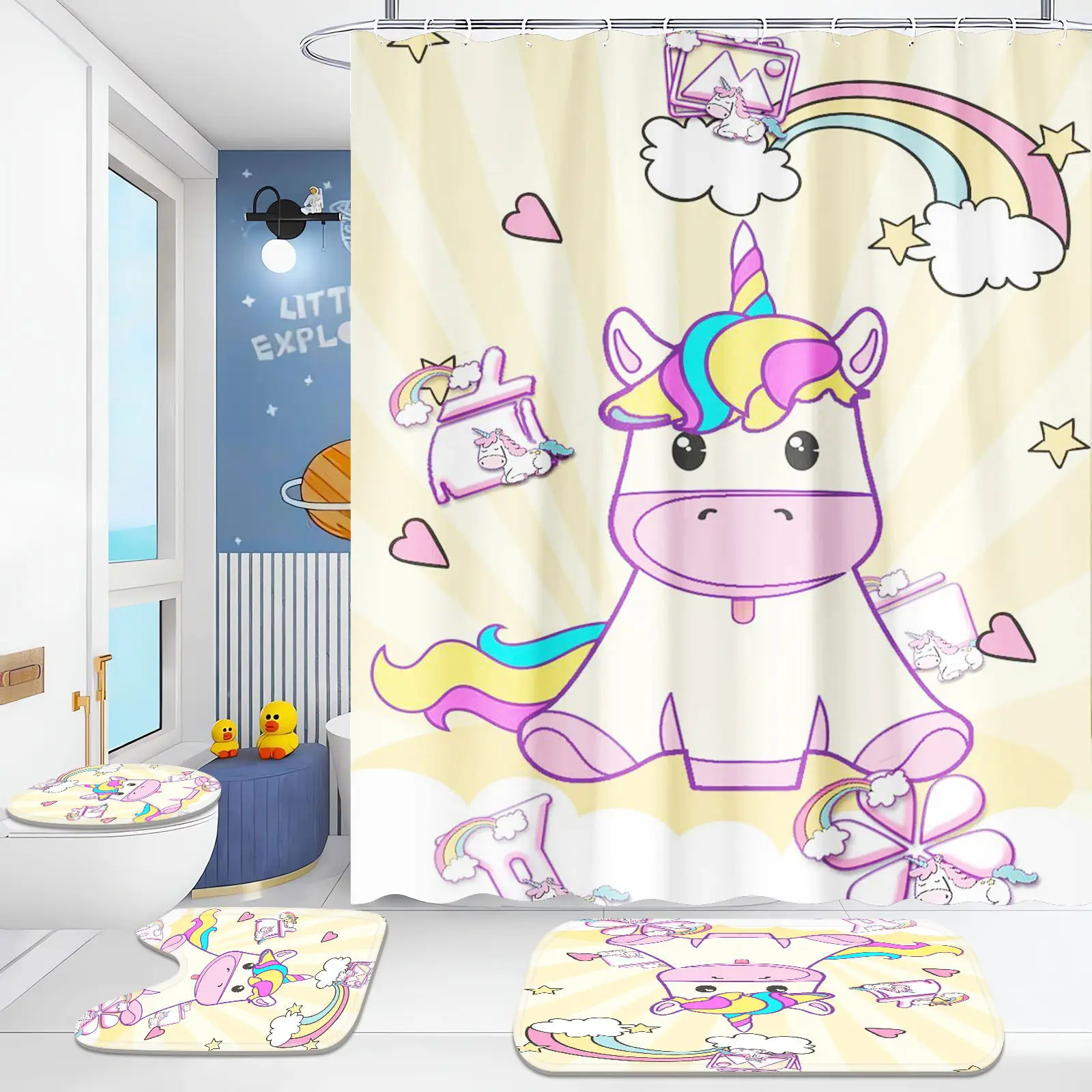 Unicorn Luxury Bathroom Accessories Shower Curtain 4 Piece Set Mats  Anime Waterproof For Curtains Home Cartoon Cute