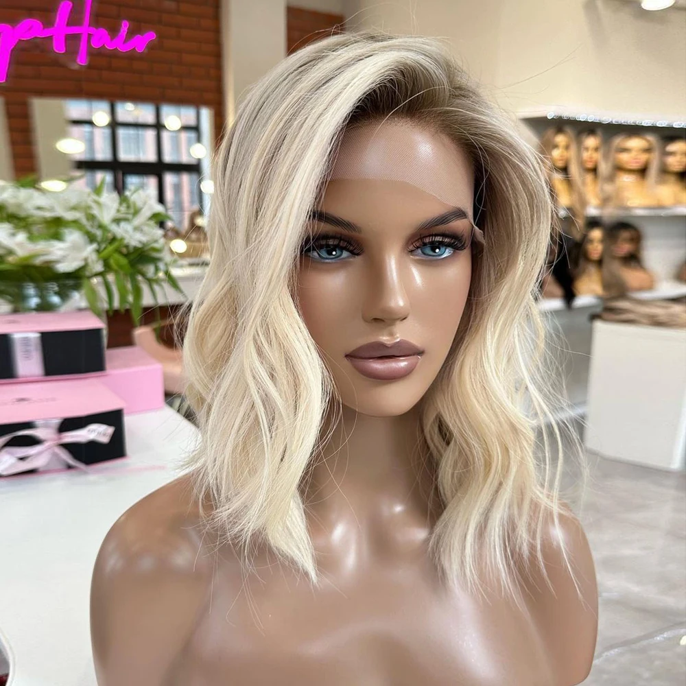 

Light Bright Blonde Short Wavy Wig Ashy Roots Full Lace Human Hair Wigs 13x4 Straight Bob Wig Bleack Knots Free Style 16" 150%