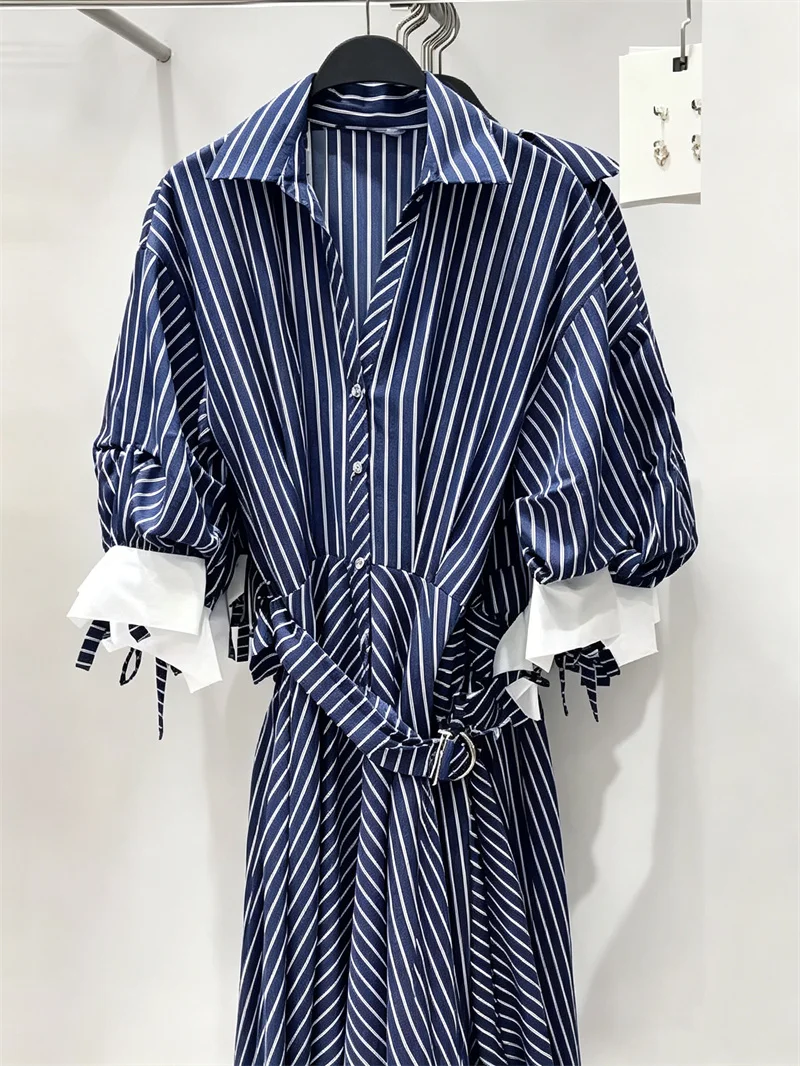 Guobioziy Women's Dress 2026 Early Autumn New Fashionable Elegant Mid-Sleeve Collared Midi Dress with Belt