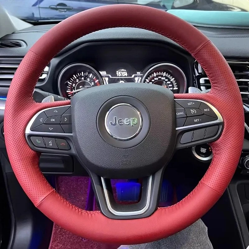 

Для Jeep Compass Renegade 2015-2018 Fiat 2017-2019 прошитый вручную красный чехол на руль из натуральной кожи автомобиля