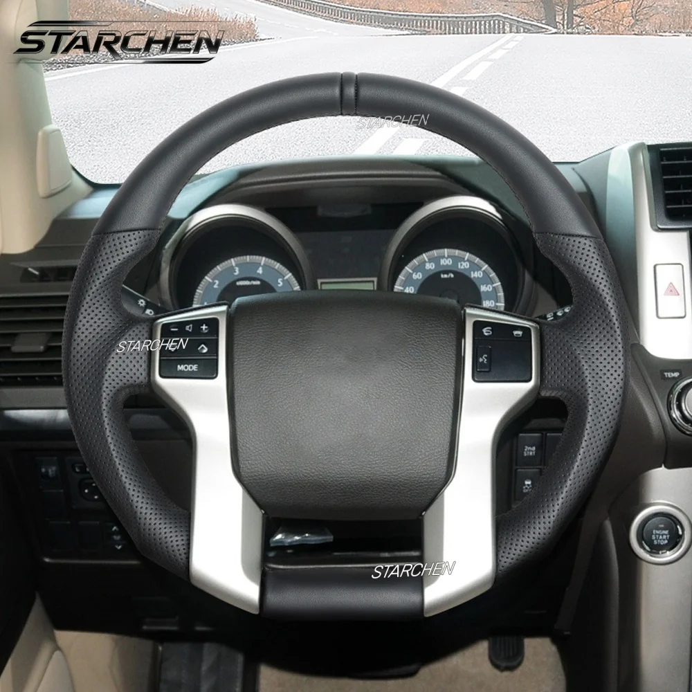 Full Leather Steering Wheel for Toyota Prado LC150 2010-2017,Tundra 2014-2021,Tacoma 2012-2023,4Runner 2010-2024,Flat-Bottom Hand-Sewn Perforated Leather Steering Wheel(Without Heating)