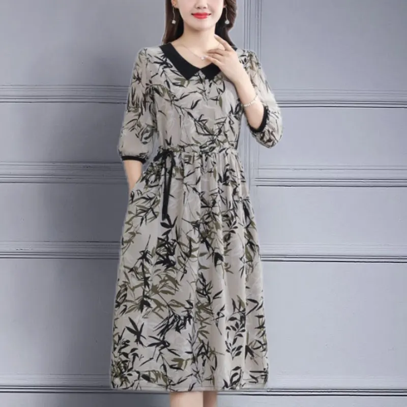 Fashion Ink Painting Drawstring Midi Dress Vintage A-Line Waist Female Clothing Casual Half Sleeve Summer Doll Collar Dresses