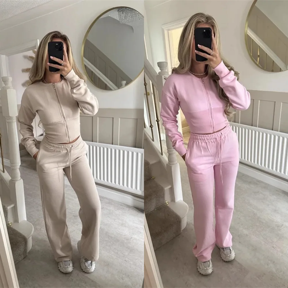 Set di moda per le donne Autunno 2025 Nuovo Slim O Collo Cappotto con cerniera Top Pantaloni a gamba larga Set da due pezzi Set di abbigliamento sportivo per il tempo libero Abiti