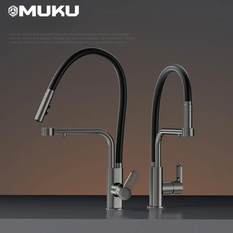 Black Pull-out Kitchen Sink Faucet Lead-Free Copper Two Functions Household Rotating Drinking Water Three-in-One Cleaning Faucet