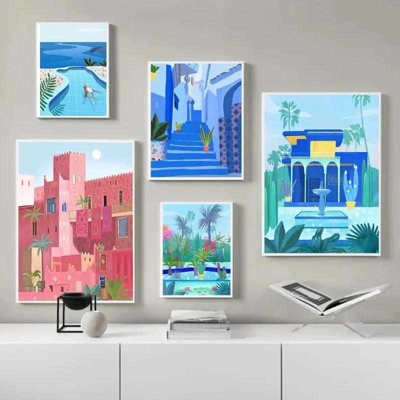 1pc frameless Canvas Painting Canvas Painting Morocco Travel Poster Swimming Pool Art Print Nordic Marrakech Modern Summer Wall