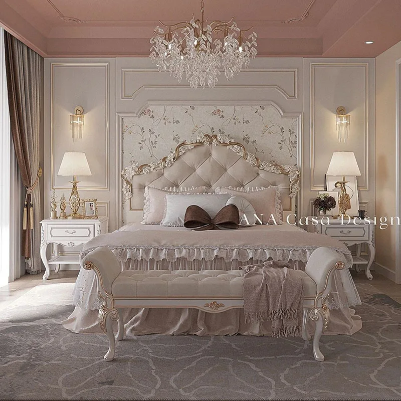 Cabecero de cama doble de lujo, mueble de cama King Size, con plataforma moderna, estilo europeo real