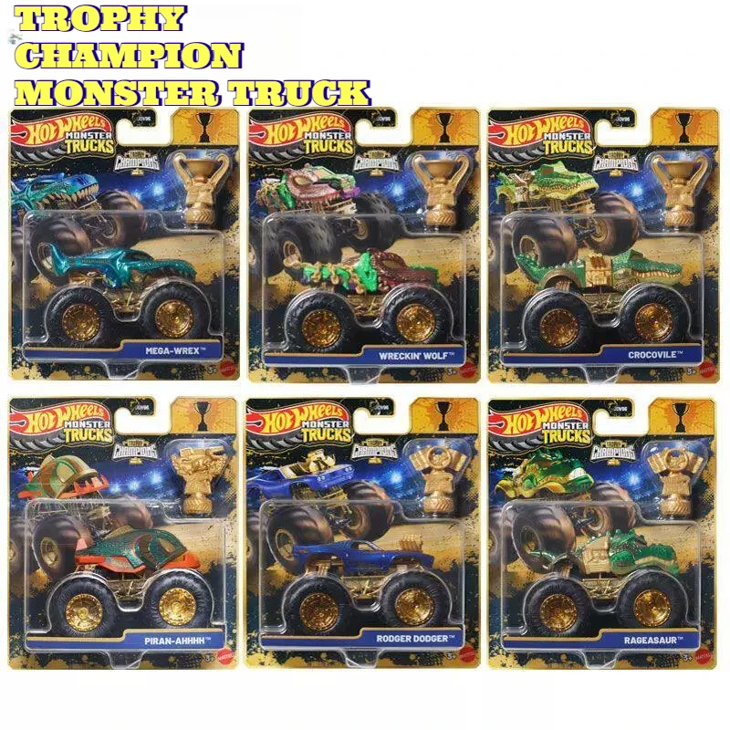 Auténticos Coches de Juguete Hot Wheels Monster Trucks Car Trophy Champions, Escala 1/64, MEGA WREX, RODGER DODGER, CROCOVILE, RAGEASAUR