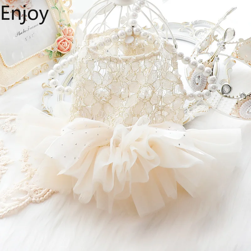 Dog Clothes Summer Hollow Out Lace Cat Princess Dress Creamy-white Wedding Fluffy Skirt Pet Dress 4773