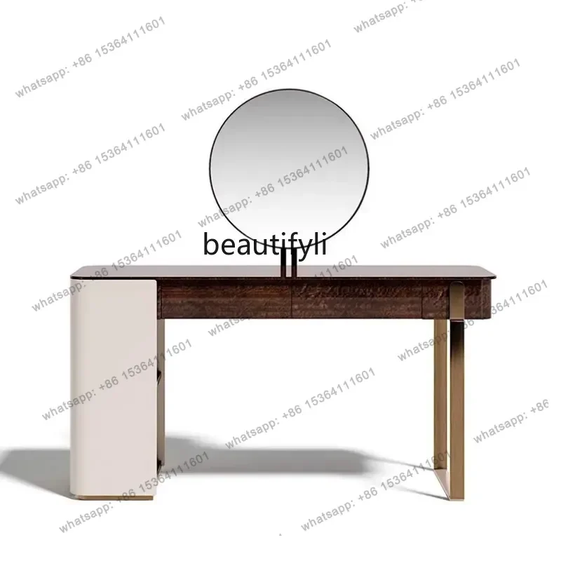 

Custom Italian Bedroom Stainless Steel Golden Dressing Table Wood Grain Paint Finish Model Room with Mirror Custom Makeup Tab