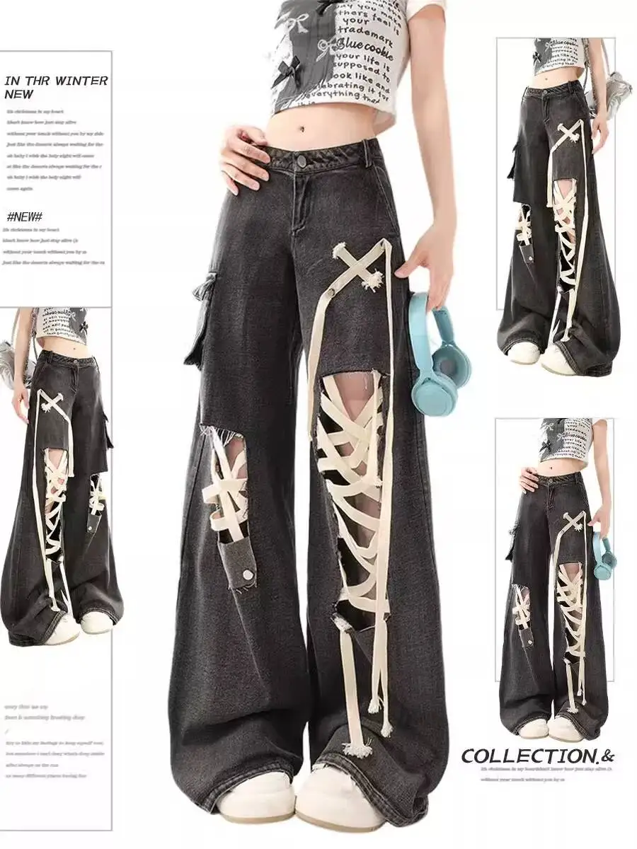New Plus Size Black Strap Hole Jeans Woman Summer Fat Mm Design Sense High Waist Straight Cut Loose Wide-leg Trousers
