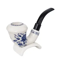 Chinese style ceramics Tobacco Pipe Calabash with Bent Acrlyic Stem Mouthpiece 9 mm Paper Filters Pipe Stand Rack Set blue+white