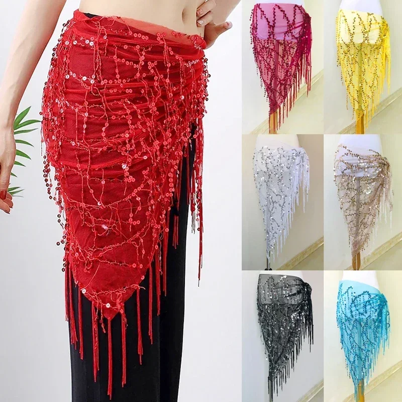 

Women Belly Dance Shiny Sequins Tassel Hip Wrap Scarf Skirt Belt Sexy Female Show Costumes Sequins Tassels Performance Belt