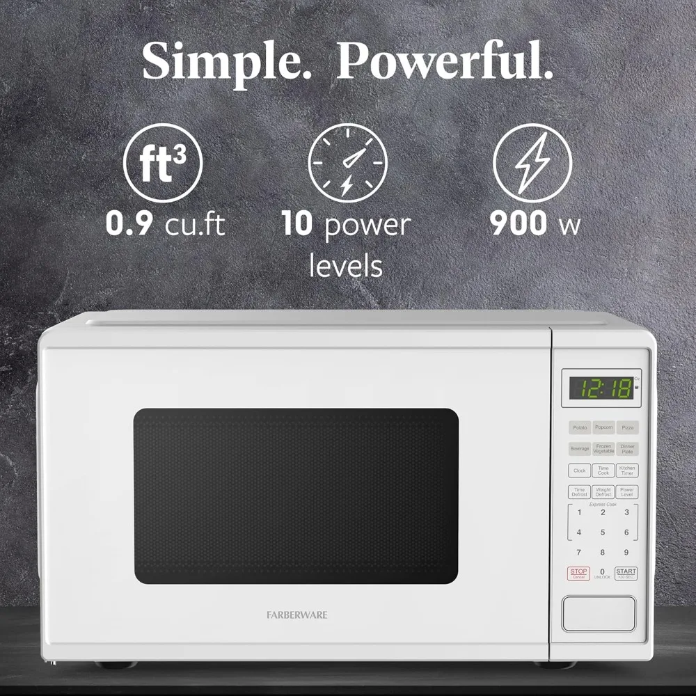 Farberware 0.9 Cu. Ft. Countertop Microwave Oven 900 Watts Power Auto Cook Settings Defrost Easy Clean and Child Safety Lock