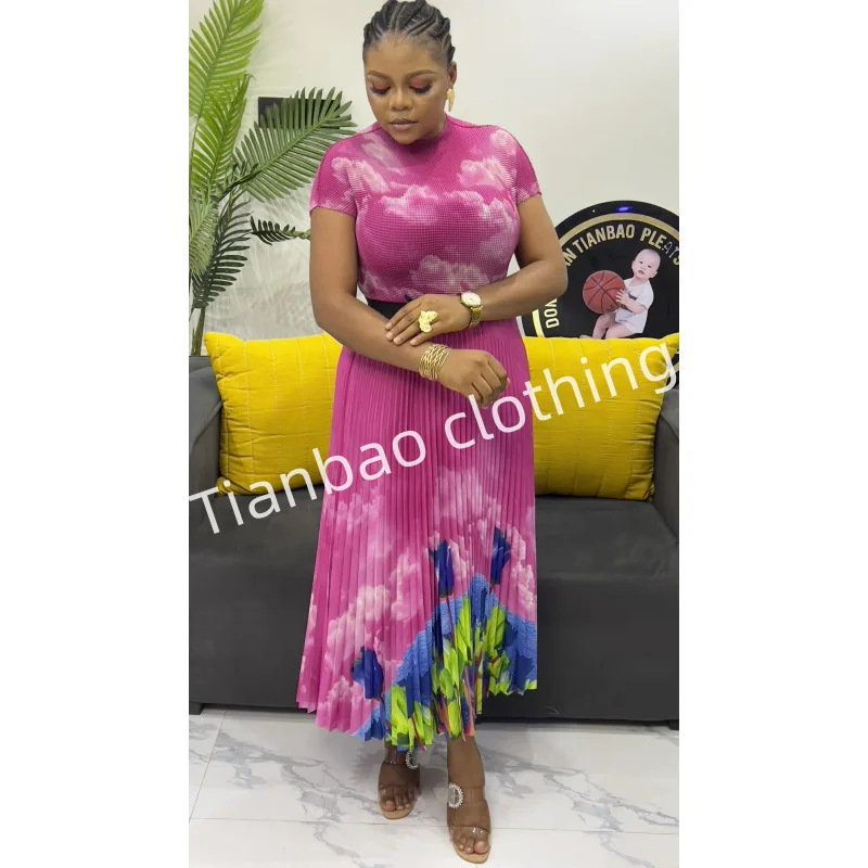 

2025 Summer New Printed Round Neck Short Sleeve Top High Waist Pleated Half Body Skirt Two Piece Miyake Fashion Women's Suit