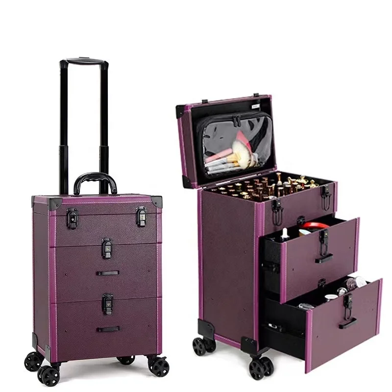 Large-capacity Rolling Makeup Case with One Organizer for Nail Polish and Three Drawers for Cosmetics