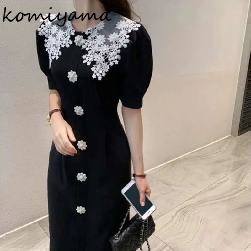 Contrast Lace Lapel Neck Vestidos Mujer Bubble Sleeve Vestido Spring Summer Dress Single Breasted Ropa Tunic Dresses Women