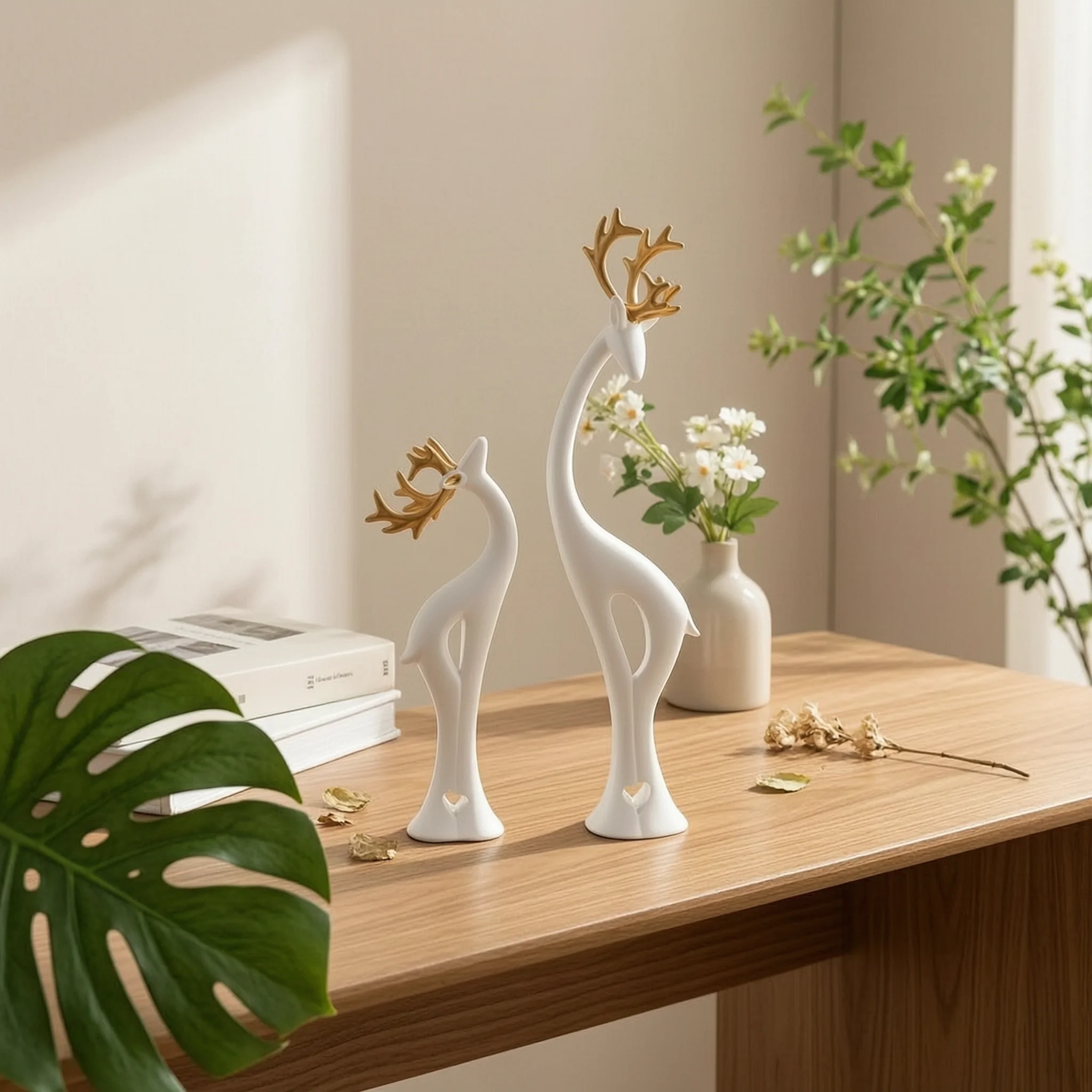 Deer Figurines with Gold Antlers Sculpted Deer Ornament Animal Statue Golden Decorations Lustrous for Couples, Living Room