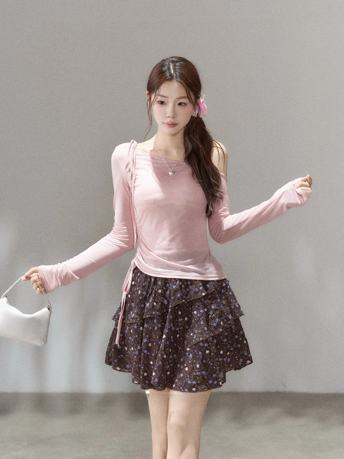Deep Brown Floral A-Line  Skirt Women's Spring Summer New Style Little Wild Berries Design High Waist Korean Style Commute