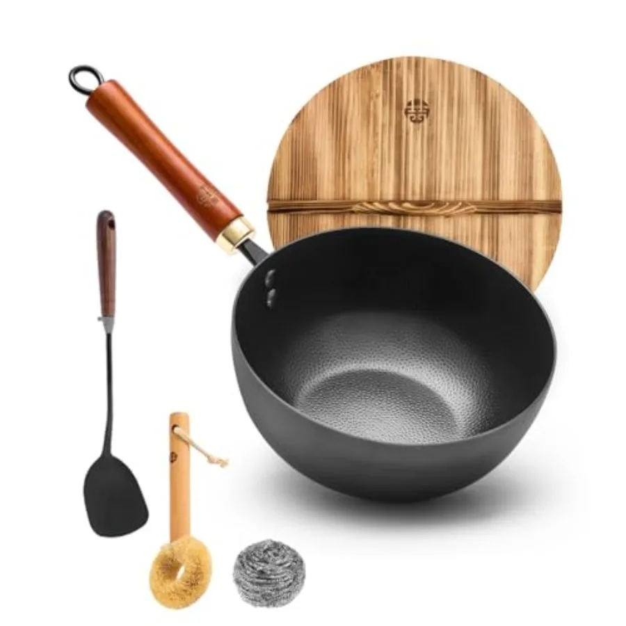 

8.7" Small Wrougt Iron Wok wit Wooden Lid 2.1L Mi Stir-Fry Pan Flat ottom Induction Compatile asong Required Detacale andle