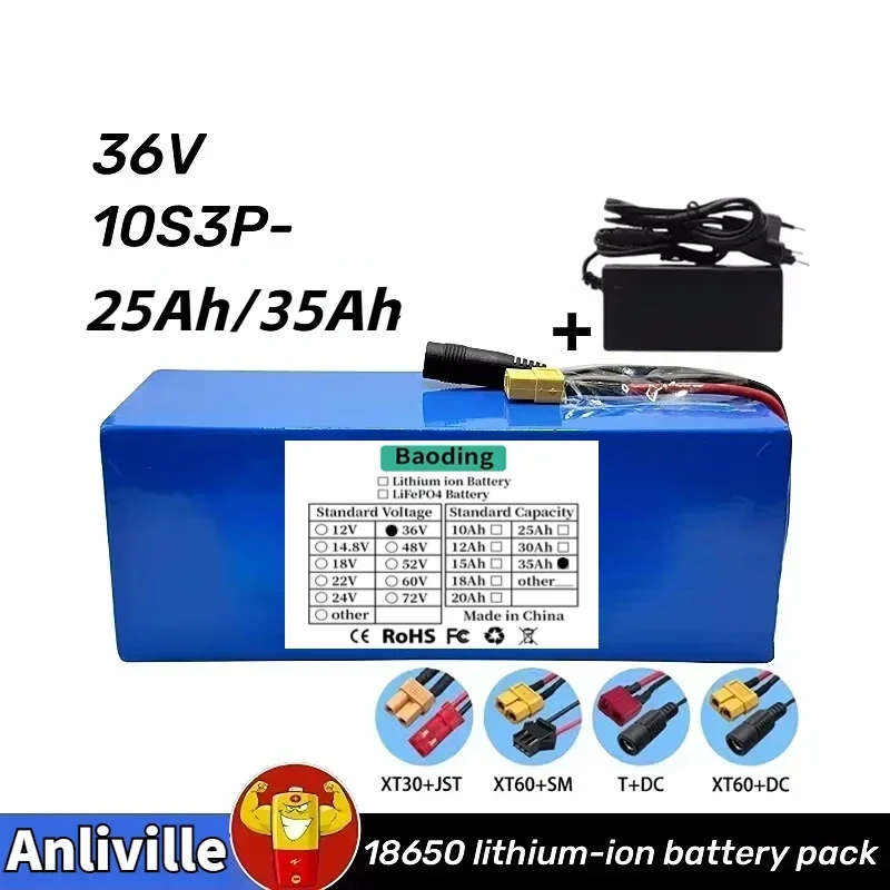 10S3P 36V 25Ah|35Ah 500W high power capacity 42V 18650 lithium battery pack 35000mAh electric bicycle bicycle scooter BMS