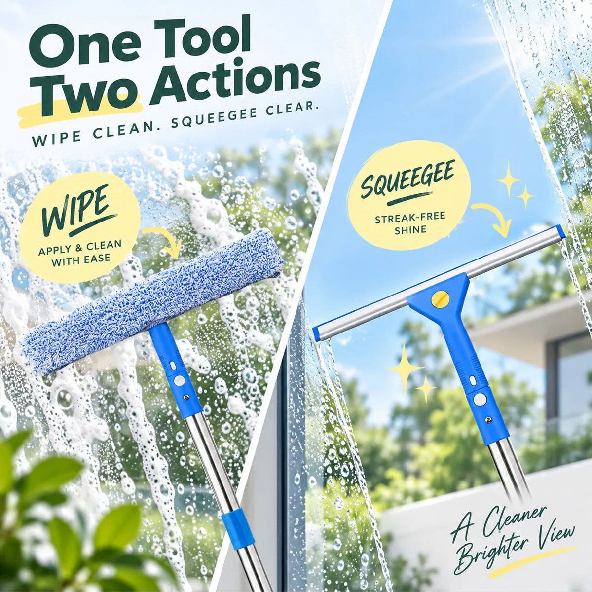 Window Cleaning Kit with Extension Pole, Streak Free Squeegee & Microfiber Washer, All-in-One Glass Cleaner Tool Set with Storage Bucket for Car Windshield, High Windows & Shower Glass